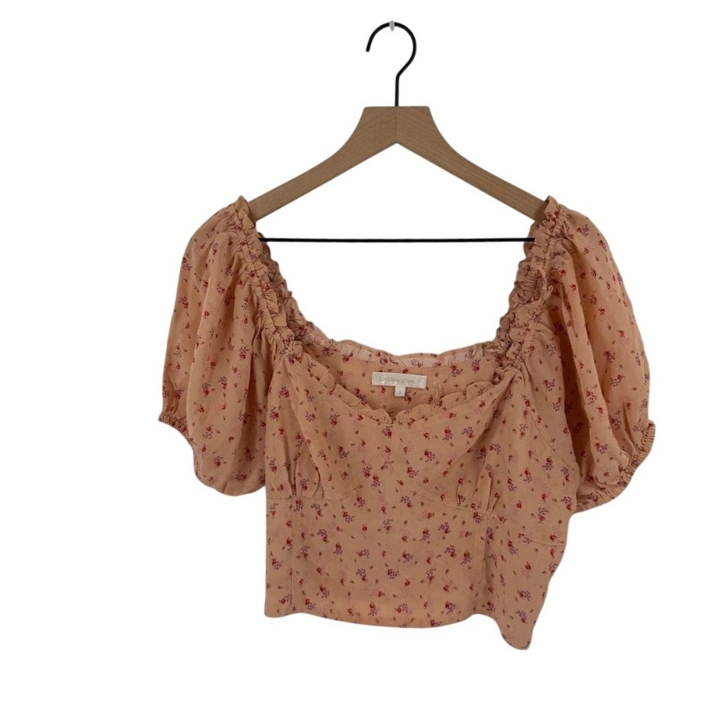 LoveShackFancy 100% Silk Floral Puff Sleeve Crop Top Size L Peasant Blouse